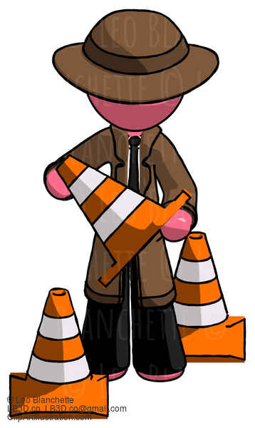 Pink Detective Man Holding A Traffic Cone #1811