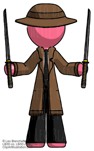 Pink Detective Man Posing With Two Ninja Sword Katanas Up #1815