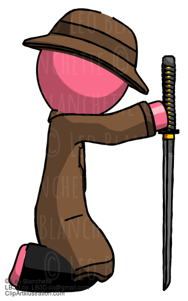 Pink Detective Man Kneeling With Ninja Sword Katana Showing Respect #1817