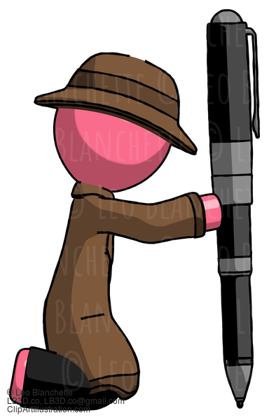 Pink Detective Man Posing With Giant Pen In Powerful Yet Awkward Manner. #1821