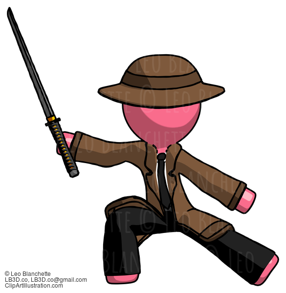 Pink Detective Man With Ninja Sword Katana In Defense Pose #1822