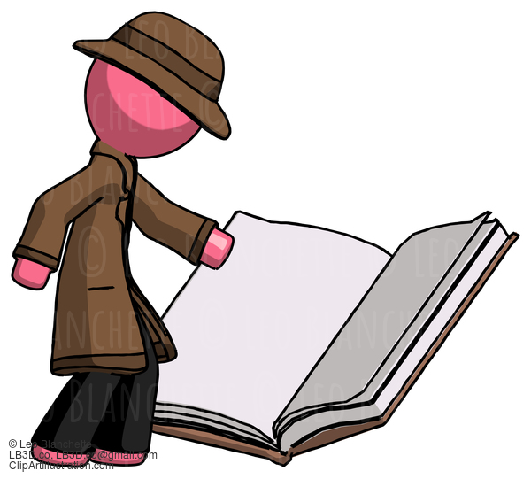 Pink Detective Man Reading Big Book While Standing Beside It #1824