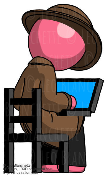 Pink Detective Man Using Laptop Computer While Sitting In Chair View From Back #1833