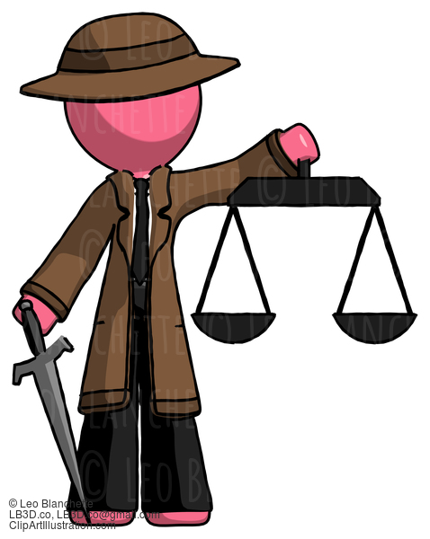 Pink Detective Man Justice Concept With Scales And Sword, Justicia Derived #1834