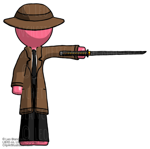 Pink Detective Man Standing With Ninja Sword Katana Pointing Right #1836