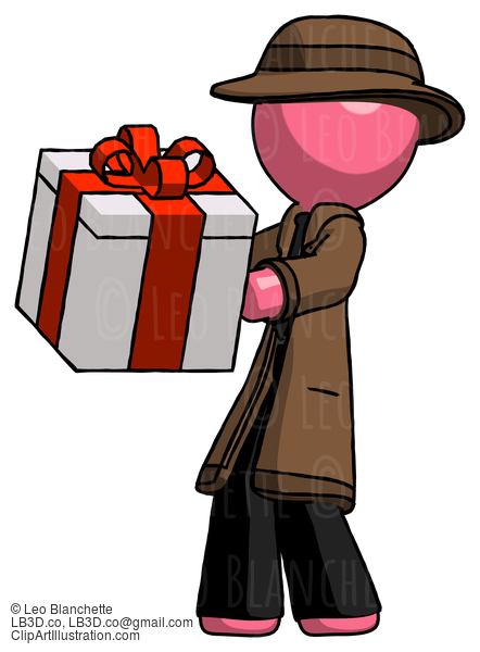 Pink Detective Man Presenting A Present With Large Red Bow On It #1842