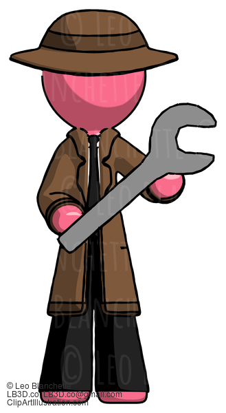 Pink Detective Man Holding Large Wrench With Both Hands #1852