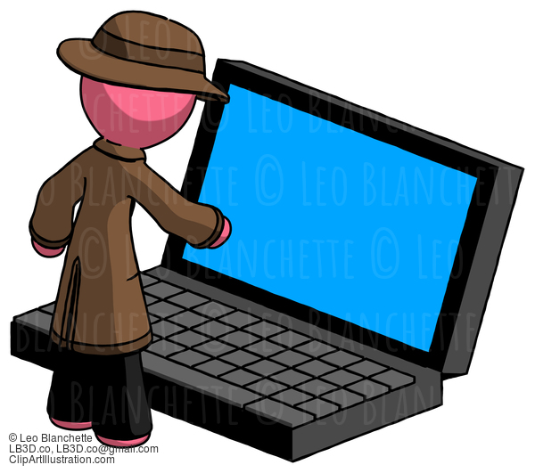 Pink Detective Man Using Large Laptop Computer #1854