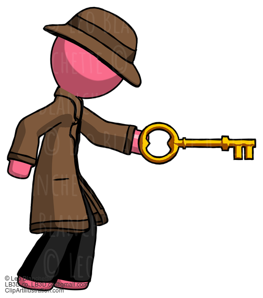 Pink Detective Man With Big Key Of Gold Opening Something #1859