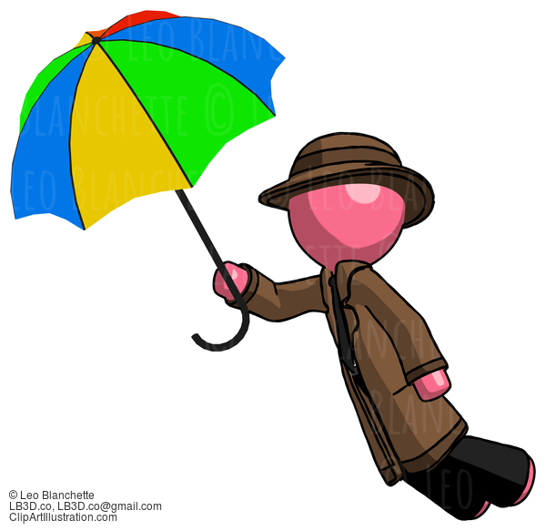 Pink Detective Man Flying With Rainbow Colored Umbrella #1861