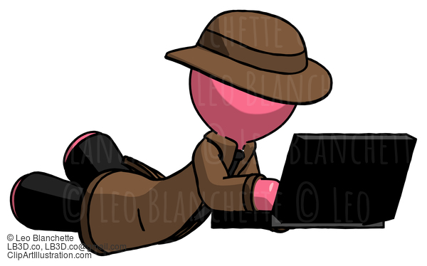 Pink Detective Man Using Laptop Computer While Lying On Floor Side Angled View #1870