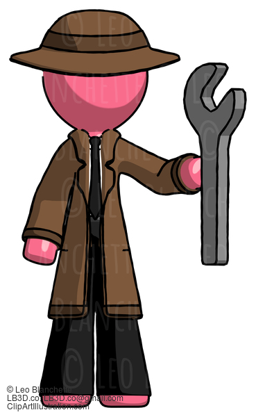 Pink Detective Man Holding Wrench Ready To Repair Or Work #1880