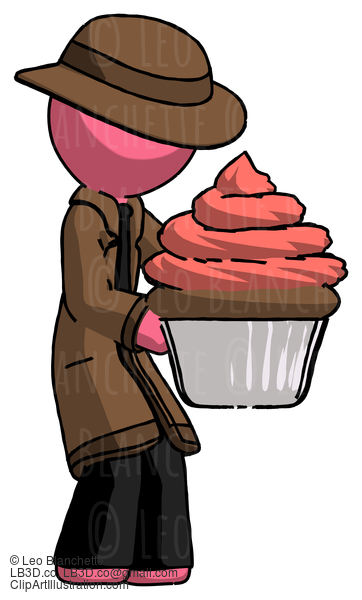 Pink Detective Man Holding Large Cupcake Ready To Eat Or Serve #1883