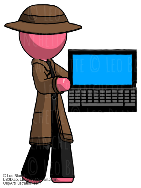 Pink Detective Man Holding Laptop Computer Presenting Something On Screen #1884