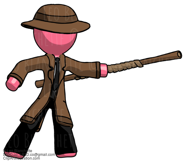 Pink Detective Man Bo Staff Pointing Right Kung Fu Pose #1886