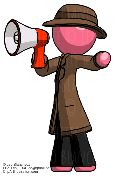 Pink Detective Man Shouting Into Megaphone Bullhorn Facing Left #1887