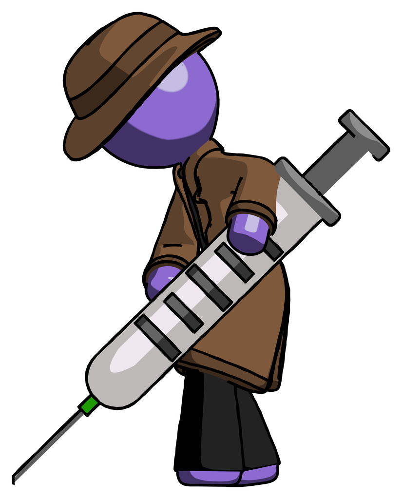 Purple Detective Man Using Syringe Giving Injection