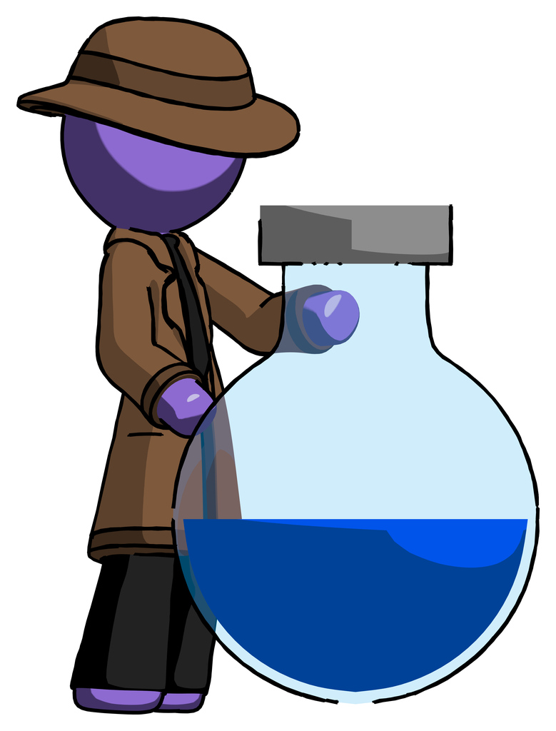 Purple Detective Man Standing Beside Large Round Flask Or Beaker