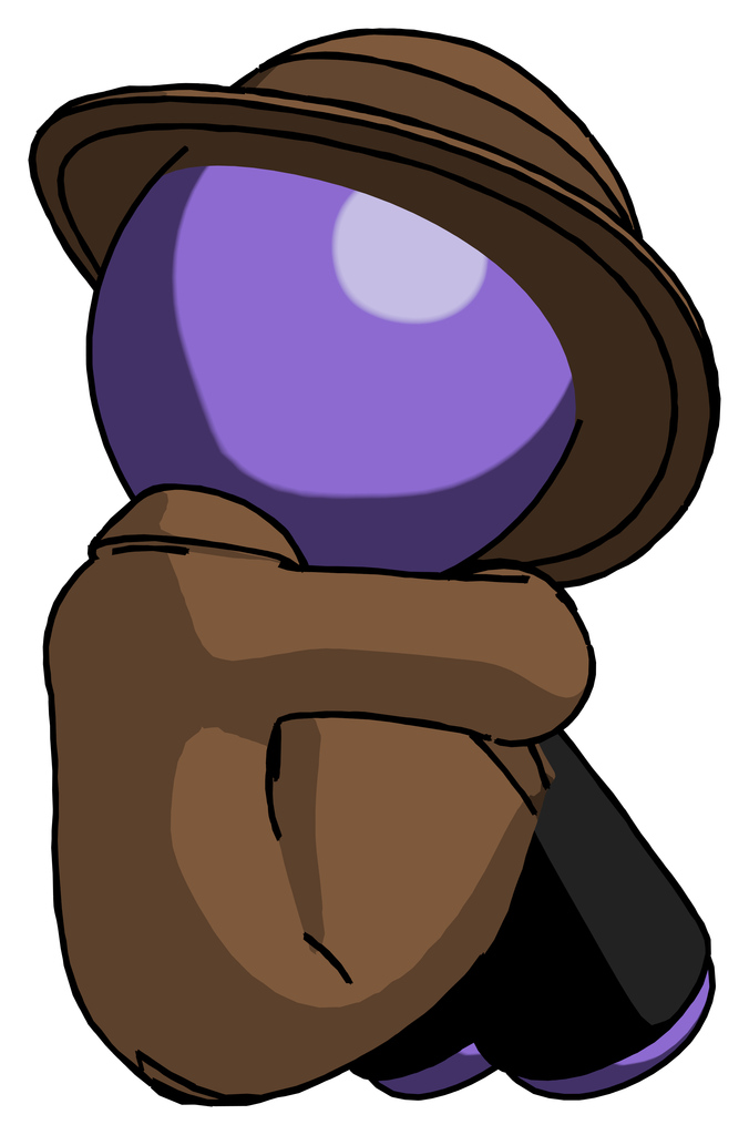 Purple Detective Man Sitting with Head Down Back View Facing Right