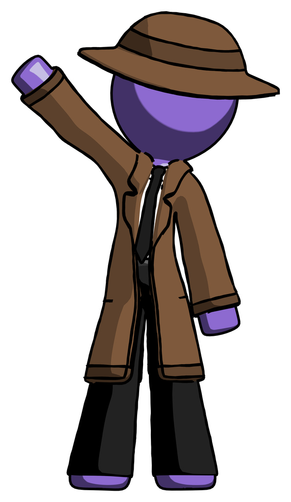 Purple Detective Man Waving Emphatically with Right Arm