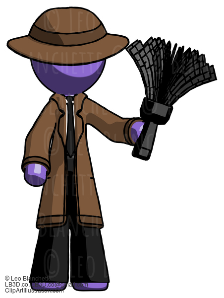 Purple Detective Man Holding Feather Duster Facing Forward #2831