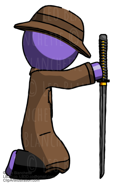 Purple Detective Man Kneeling With Ninja Sword Katana Showing Respect #2836