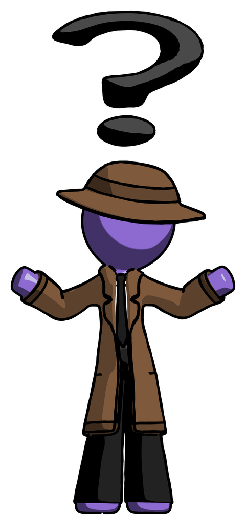 Purple Detective Man With Question Mark Above Head, Confused