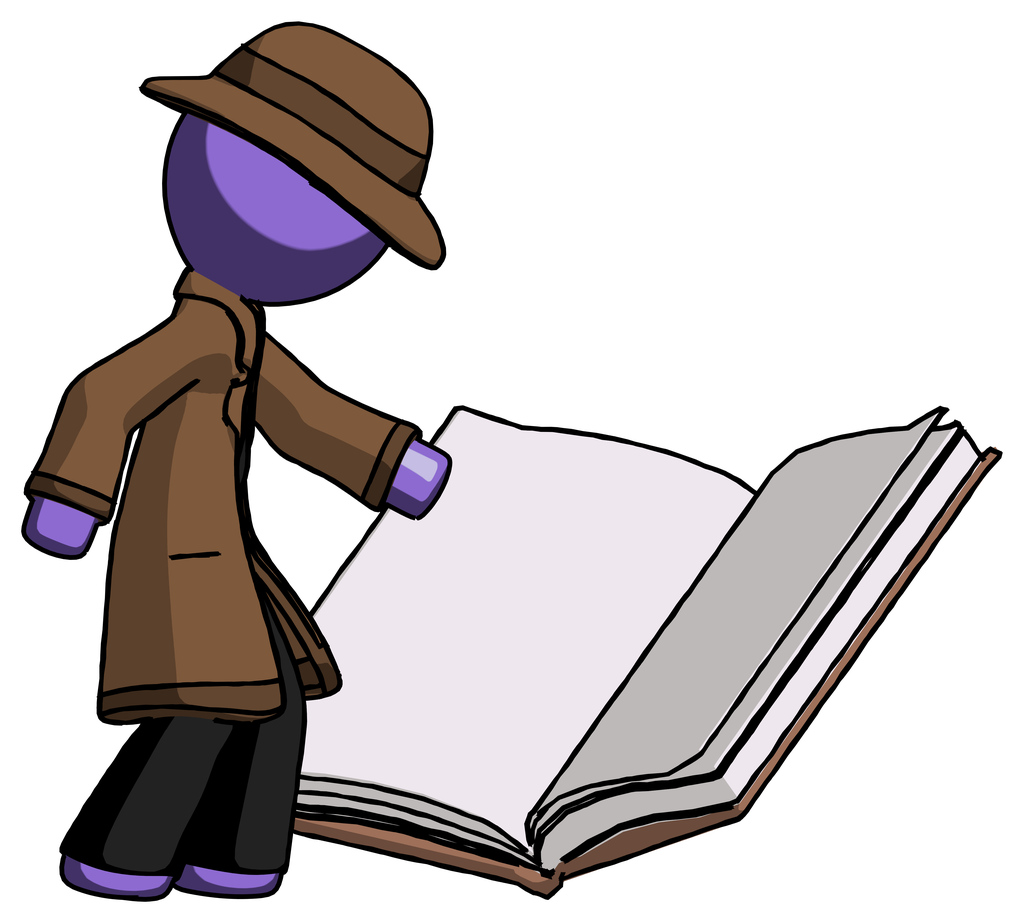 Purple Detective Man reading big book while standing beside it