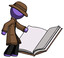 Purple Detective Man reading big book while standing beside it