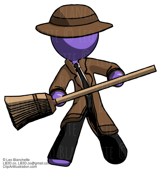 Purple Detective Man Broom Fighter Defense Pose #2850