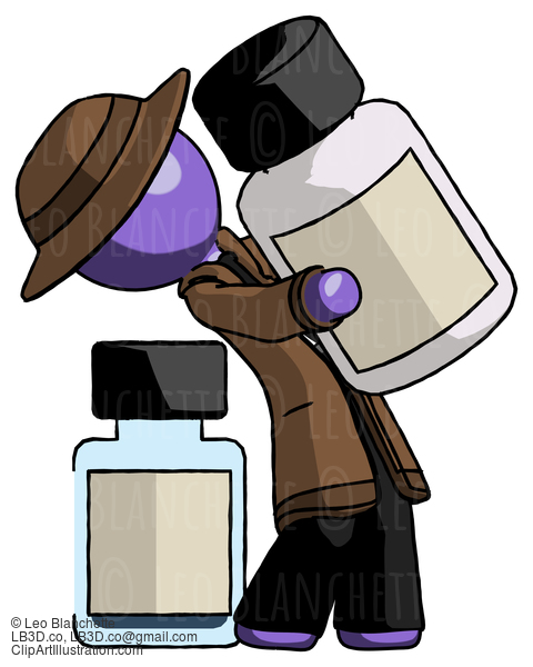 Purple Detective Man Holding Large White Medicine Bottle With Bottle In Background #2856