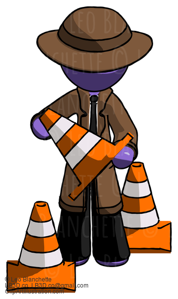 Purple Detective Man Holding A Traffic Cone #2863