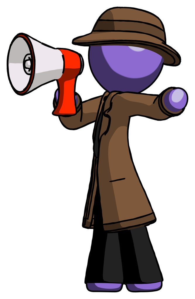 Purple Detective Man shouting into megaphone bullhorn facing left