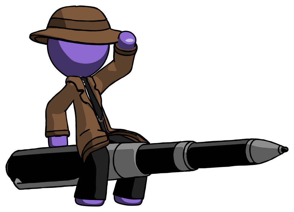 Purple Detective Man Riding a pen like a giant rocket