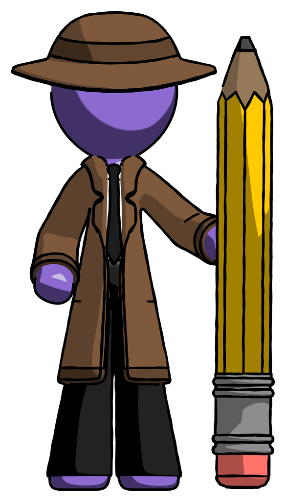 Purple Detective Man with large pencil standing ready to write