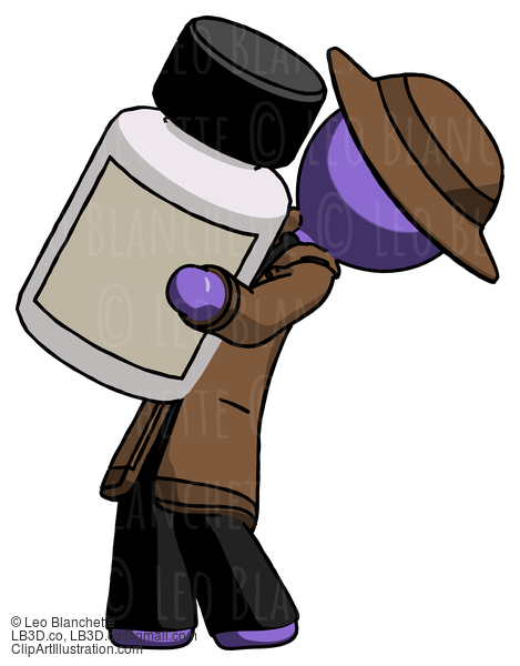 Purple Detective Man Holding Large White Medicine Bottle #2888