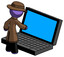 Purple Detective Man using large laptop computer