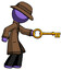 Purple Detective Man with big key of gold opening something
