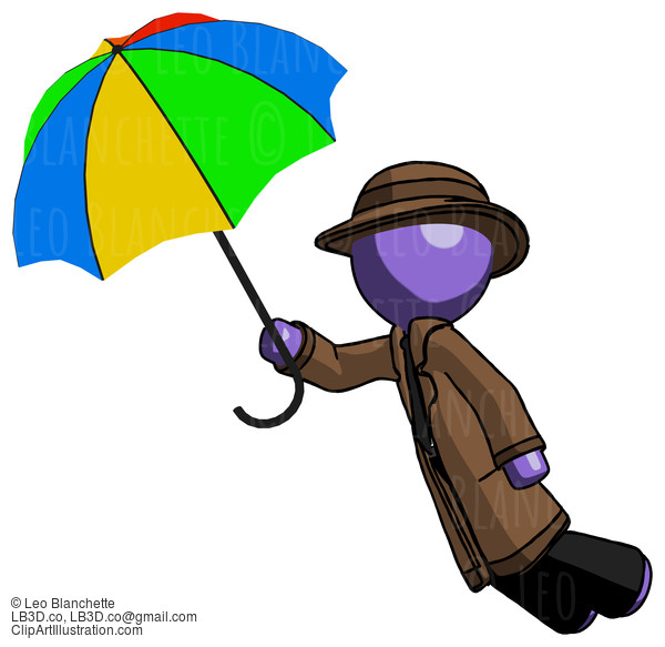 Purple Detective Man Flying With Rainbow Colored Umbrella #2894