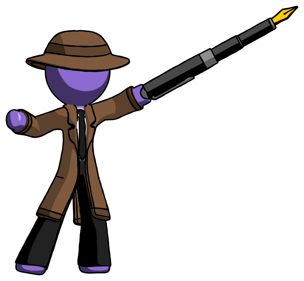 Purple Detective Man pen is mightier than the sword calligraphy pose