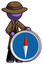 Purple Detective Man standing beside large compass
