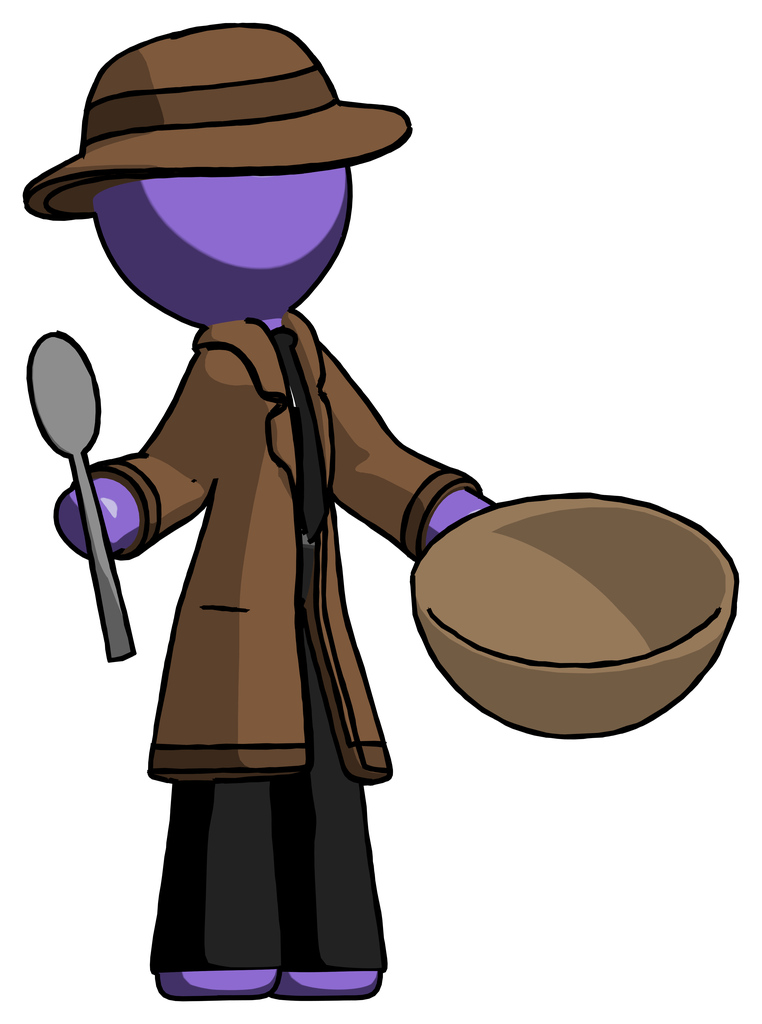 Purple Detective Man with empty bowl and spoon ready to make something
