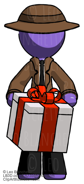 Purple Detective Man Gifting Present With Large Bow Front View #2924