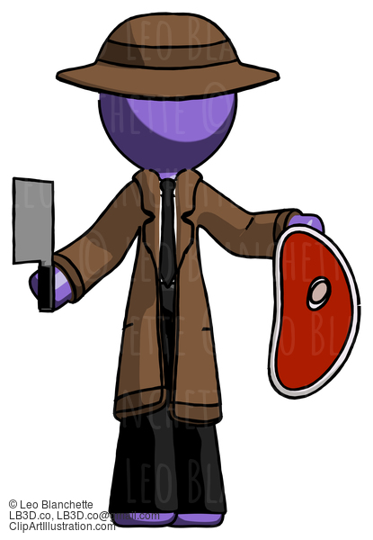 Purple Detective Man Holding Large Steak With Butcher Knife #2928