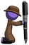 Purple Detective Man posing with giant pen in powerful yet awkward manner.
