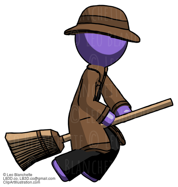 Purple Detective Man Flying On Broom #2947