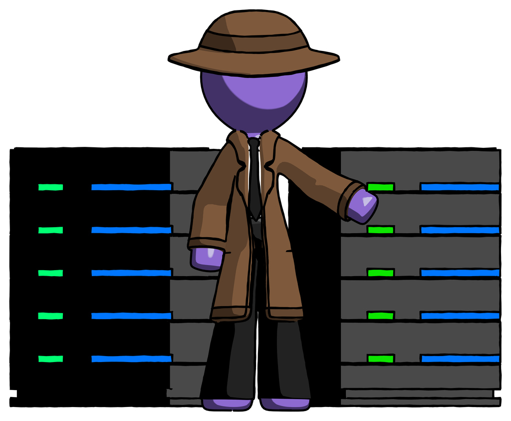 Purple Detective Man With Server Racks, In Front Of Two Networked Systems