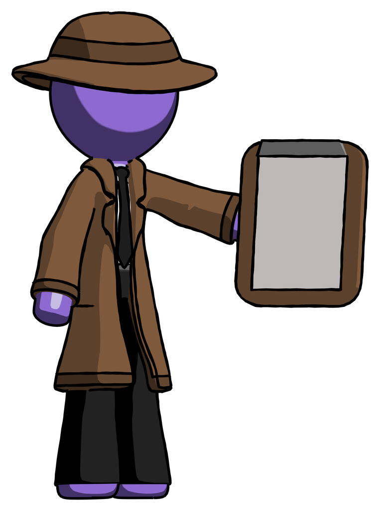 Purple Detective Man Showing Clipboard To Viewer