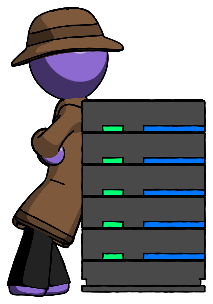 Purple Detective Man Resting Against Server Rack