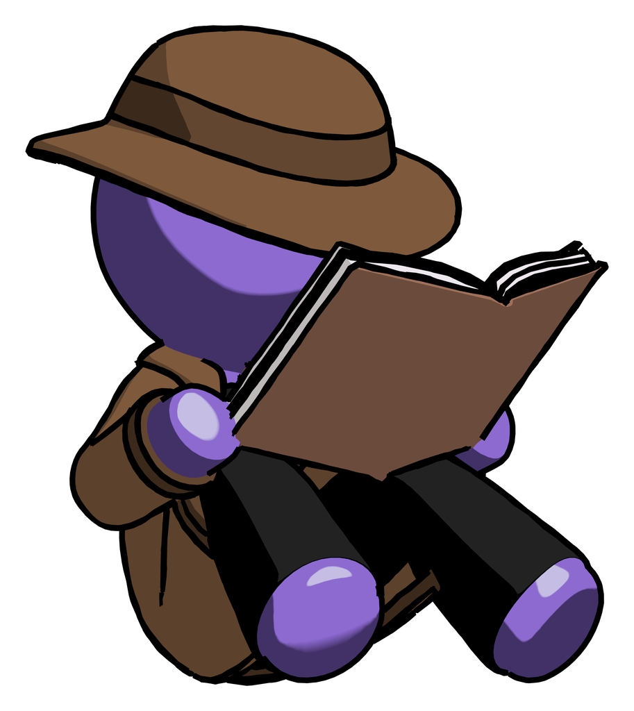 Purple Detective Man reading book while sitting down
